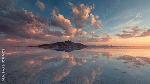 Serene Sunset Over Mountainous Landscape Reflected in Calm Water