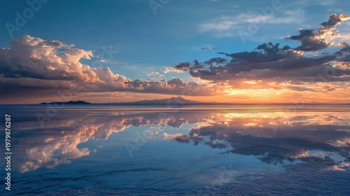 Serene Sunset Reflection Over Tranquil Salt Flats in Vast Landscape