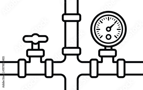 Plumbing system with shut off valve and pressure gauge schematic illustration vector.