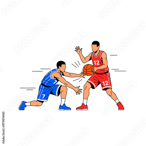 Basketball players competing, one defending, active sport illustration