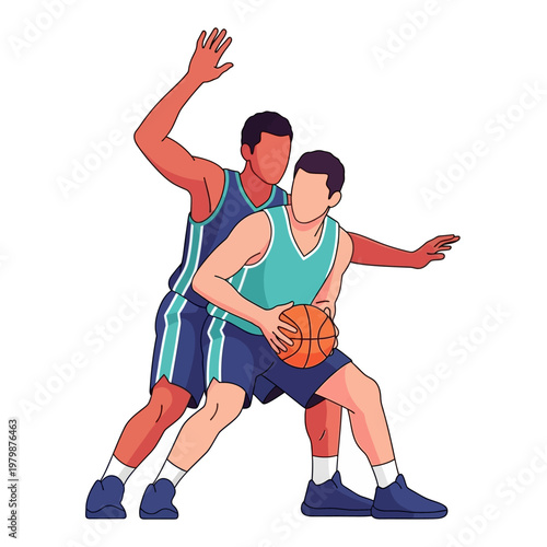 Basketball players competing on court, one defending, one dribbling