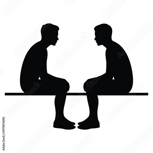 Silhouette of Two Men Sitting Face to Face on Bench – Black and White Minimalist Vector Illustration of Conversation, Communication, and Human Relationship Concept