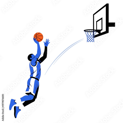 Dynamic basketball player jumping to dunk ball into hoop, sport action illustration