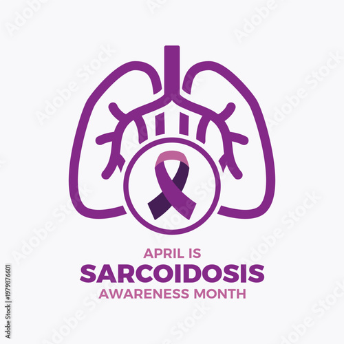 April is Sarcoidosis Awareness Month poster vector illustration. Purple awareness ribbon and human lungs simple icon. Template for background, banner, card. Important day