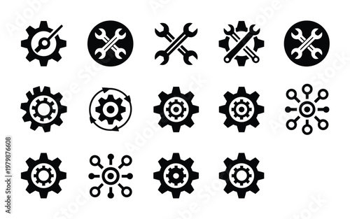 Set of black industrial icons gears and wrenches isolated on transparent background vector art.