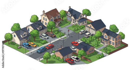 Suburban Neighborhood Street Scene With Houses Cars and Trees.