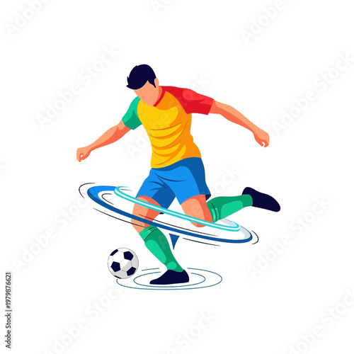 Dynamic Soccer Player Kicking Ball with Swirling Motion Trails