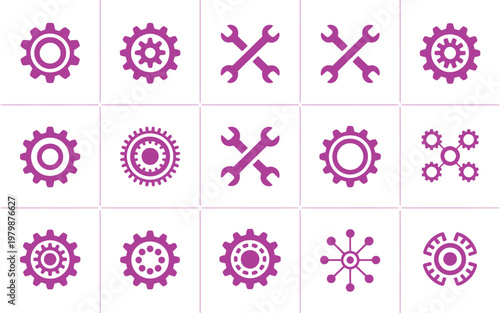 Collection of pink industrial icons gears and wrenches isolated on transparent background.