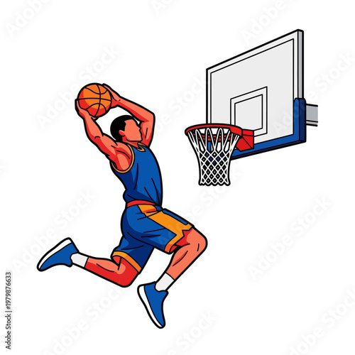 Dynamic basketball player performing a slam dunk with a ball, mid-air action.