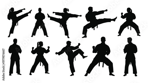 A collection of black silhouette figures demonstrates various dynamic martial arts stances and movements showcasing athleticism high quality professional detailed modern