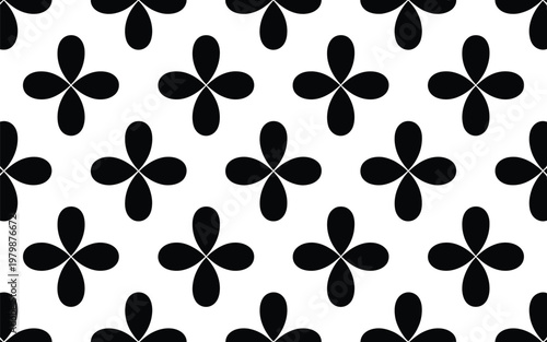 Seamless black and white clover pattern, abstract floral motif, repetitive design, graphic element, ornamental texture for backgrounds, wallpaper, textiles.