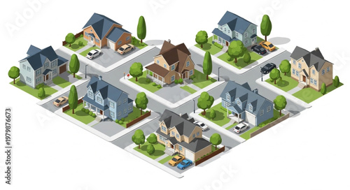 Suburban Neighborhood Street View Isometric Houses Cars Trees.