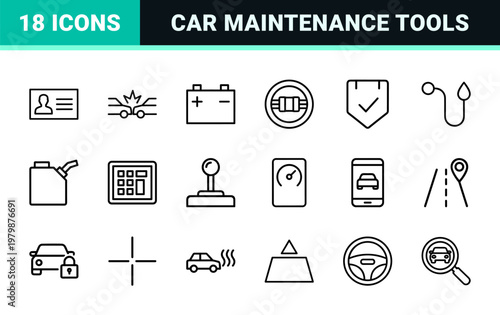 Minimalist automobile service and car rental linear icon set.