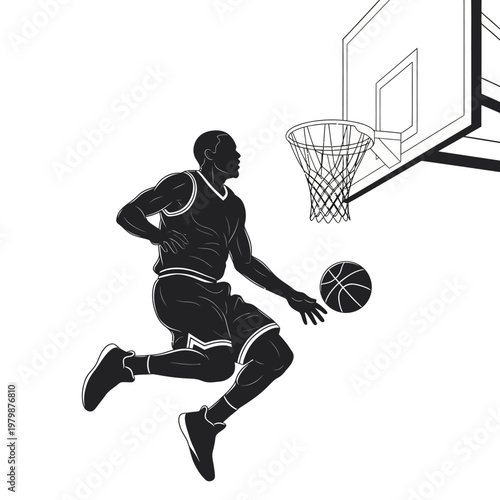 Silhouette of a basketball player dunking the ball into the hoop, dynamic action shot.
