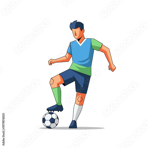 Soccer Player Dribbling Ball, Dynamic Action, Flat Illustration, Isolated