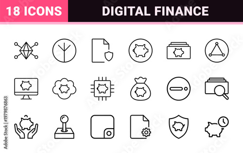 Cryptocurrency and blockchain technology line icons set for digital finance.