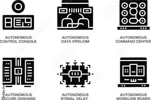 Set of six vector icons representing modern autonomous technology interfaces and advanced industrial control systems
