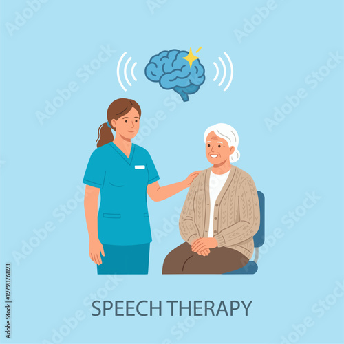 Flat vector illustration of a female speech therapist in a teal uniform gently guiding an elderly woman. Visual elements include a floating brain icon with a "healing" spark and sound wave symbols. 