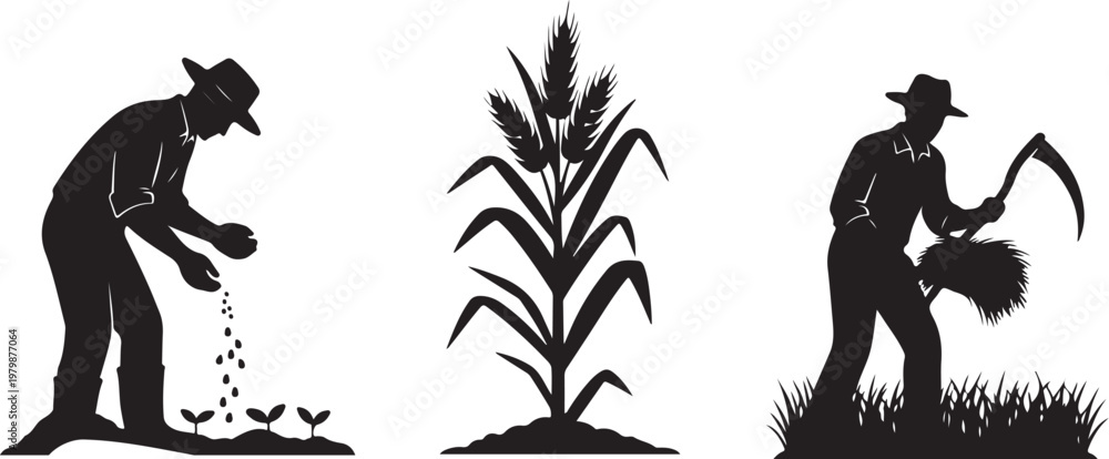 Fototapeta premium Farmers planting and harvesting crops in a field silhouette