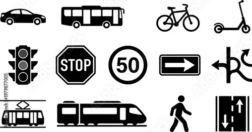 This comprehensive vector graphic illustration showcases a variety of essential black and white transportation and traffic control icons, perfect for modern urban design projects and informational dis