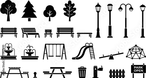 Comprehensive set of black park elements featuring trees street lights wooden benches playgrounds fountains tables and various outdoor signs designed as a professional vector graphic collection for yo