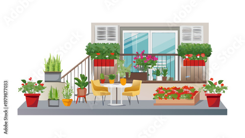 A charming balcony scene with potted plants, flowers, and a small table with chairs, creating a cozy outdoor space.