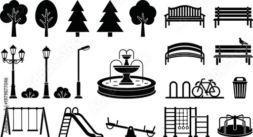 Collection of black vector graphic icons depicting various park elements including street lights benches trees playground equipment and a water fountain designed for easy use in city planning web desi