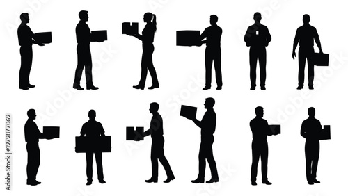 A collection of black silhouette figures depicts people holding cardboard boxes suggesting delivery or moving activities high quality professional detailed modern