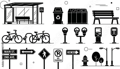This essential vector graphic illustration presents a detailed collection of common urban infrastructure elements and public street furniture designs, ideal for city planning projects and modern desig