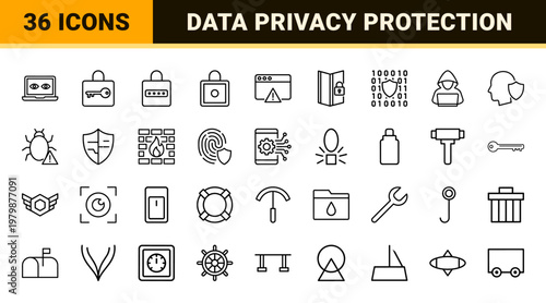 Digital security and privacy protection line icons for web and mobile.