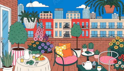 A vibrant pixel art balcony scene with colorful buildings and lush potted plants creating a cozy urban oasis