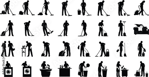 Cleaning Service Workers Silhouette Set with Janitors Using Equipment for Housekeeping Maintenance Sanitation Tasks Collection Vector Illustration