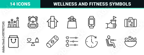 Healthy lifestyle and daily routine minimalist outline icon set
