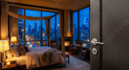 Half Opened door of hotel room with blurred luxury bedroom background