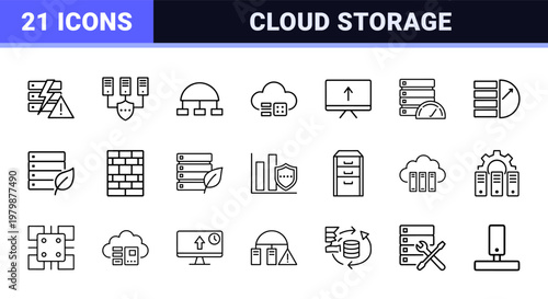 Data center and cloud computing minimalist line icons set