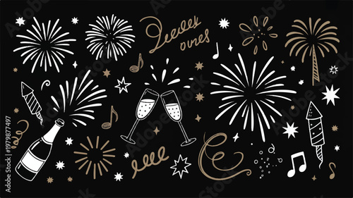 Doodle fireworks and champagne toast illustration for festive celebrations and New Year's Eve