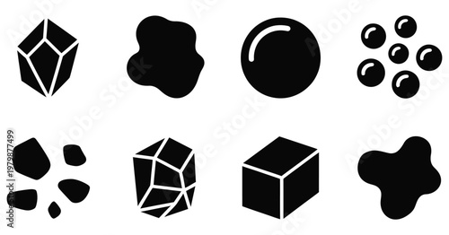 Sand, grain icons various designs vector set, stone, pebble, jewel, sphere, gem, crystal, cube, isolated objects, natural materials collection, abstract shapes, geology and texture concept, flat 
