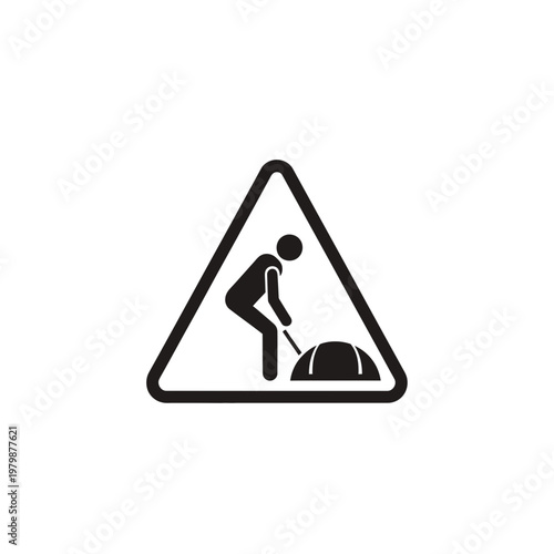 Black and white triangular warning sign icon featuring a person working on the ground. EPS Editable. Vector Illustrations.
