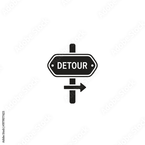 Black and white vector illustration of a detour road sign with an arrow. EPS Editable. Vector Illustrations.
