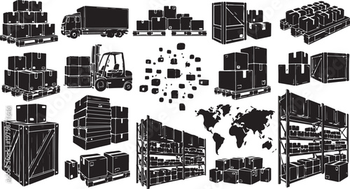 Logistics and shipping icons in black and white illustration style