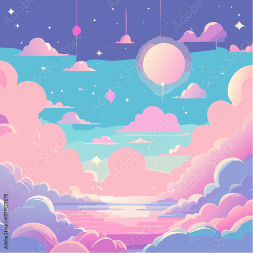 Dreamy pastel sky with fluffy clouds reflecting on calm water at sunset