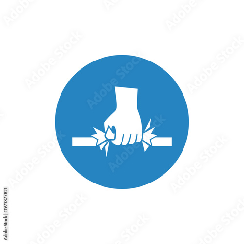 Blue Circular Safety Sign with White Hand Icon Crushing a Solid Bar. EPS Editable. Vector Illustrations.