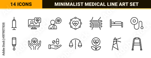 Digital healthcare and medical services minimalist outline icon collection