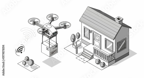 Isometric Illustration of an Autonomous Delivery Drone Carrying a Package to a Suburban House, Logistics and Smart Home Technology Concept