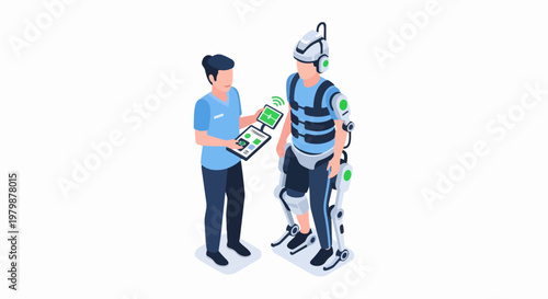 Isometric Illustration of Medical Exoskeleton Rehabilitation - Doctor and Patient in Robotic Suit for Physical Therapy and Brain-Computer Interface Training