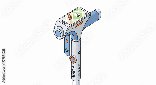 Smart Walking Cane with GPS Navigation Screen, Futuristic Assistive Technology Device for Visually Impaired and Elderly, Isometric Illustration