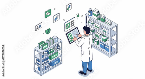 Isometric Pharmacy Inventory Management with Pharmacist Using Digital Tablet and Medical Data Icons