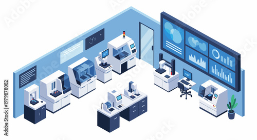 Isometric Smart Laboratory and Automated Factory Floor with Robotic Diagnostic Systems and Data Analytics Dashboards