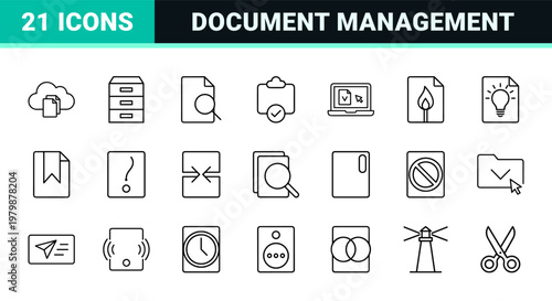 Business document and office file management line icon set