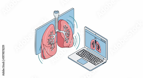 Isometric Medical Illustration of Human Lungs and Laptop for Digital Healthcare and Telemedicine Concepts